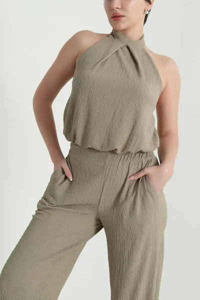 Haki Krinkıl Bluz Pantolon Kadın İkili Takım 468515