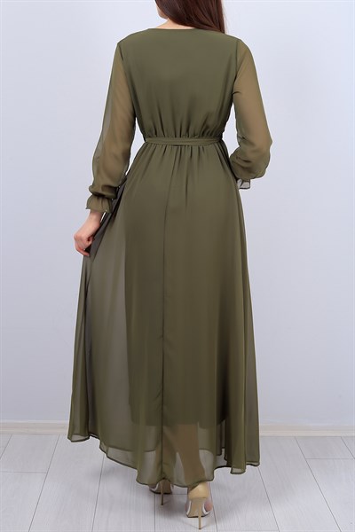 Haki Kruvaze Yaka Bayan Şifon Elbise 12422B