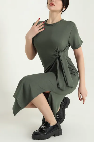 Haki Kuşak Detay Kristal Elbise 337797
