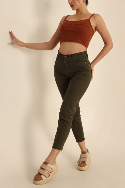 Haki Likralı Mom Bayan Kot Pantolon 222984