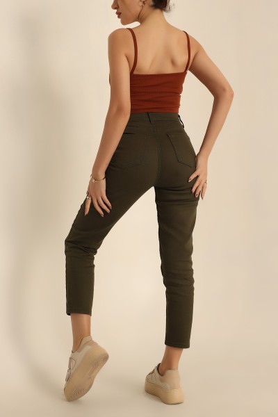 Haki Likralı Mom Bayan Kot Pantolon 222984