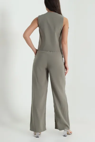 Haki Modal Bağlamalı Yelek Pantolon Kadın İkili Takım 459058