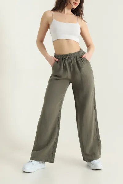 haki-muslin-beli-lastikli-palazzo-kadin-pantolon-432485