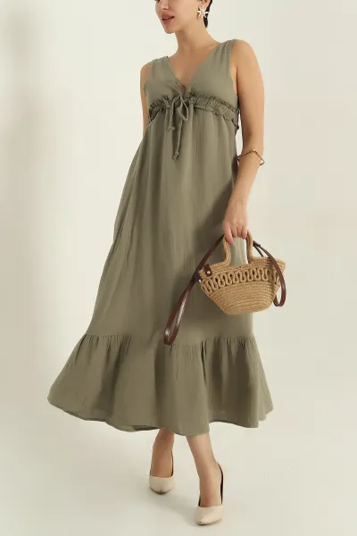 haki-muslin-keten-astarli-kadin-elbise-373424