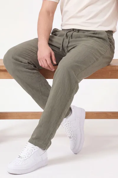 Haki Müslin Keten Belden Bağlamalı Baggy Erkek Pantolon 473025