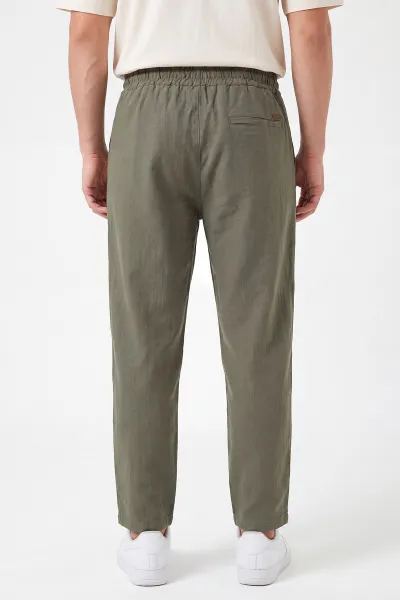 Haki Müslin Keten Belden Bağlamalı Baggy Erkek Pantolon 473025