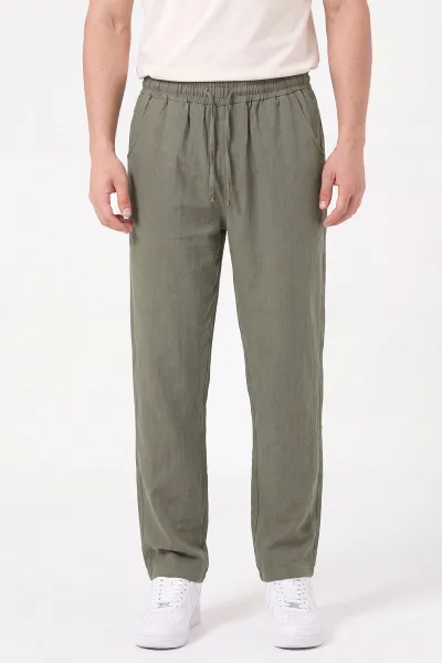 Haki Müslin Keten Belden Bağlamalı Baggy Erkek Pantolon 473025