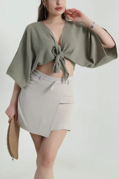 Haki Müslin Keten Kadın Kimono Bluz 457341
