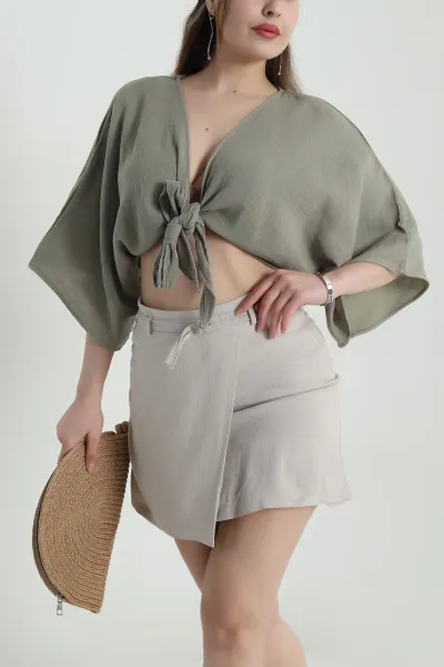 Haki Müslin Keten Kadın Kimono Bluz 457341