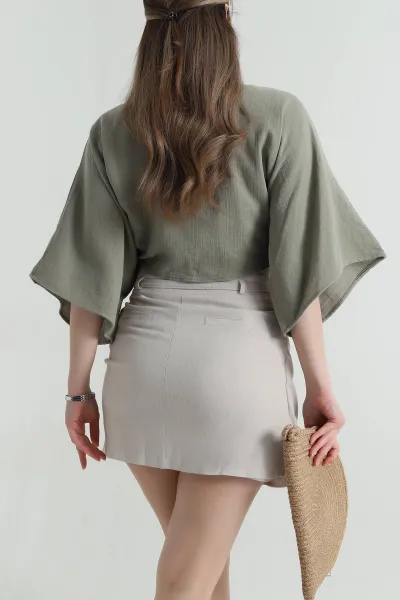 Haki Müslin Keten Kadın Kimono Bluz 457341