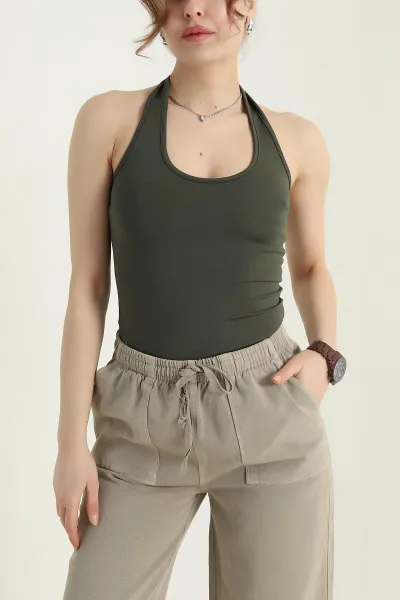 Haki Omuz Askılı Sandy Kadın Zıbın Bluz 435492
