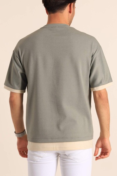 Haki Oversize Çift Renk Cepli Erkek Tişört 181826