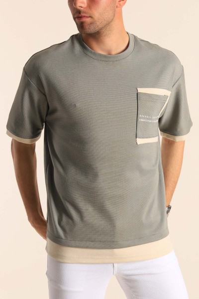 Haki Oversize Çift Renk Cepli Erkek Tişört 181826