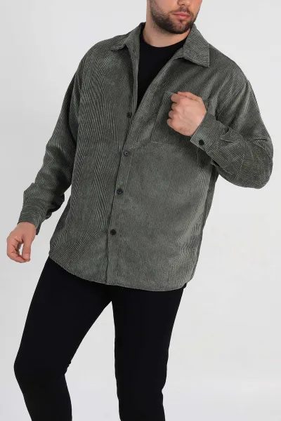 Haki Oversize Fitilli Kadife Cep Detaylı Erkek Gömlek 318408