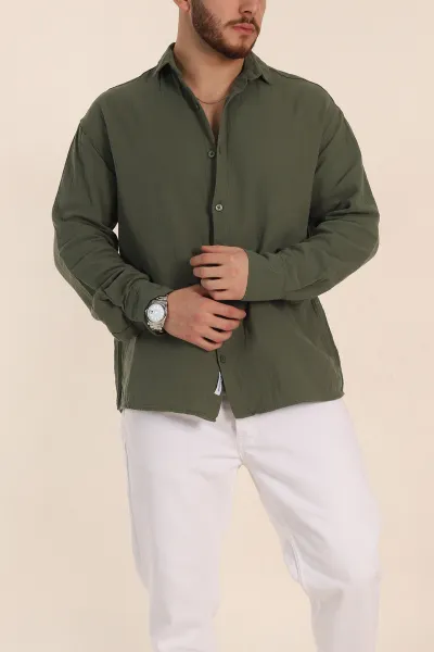 Haki Oversize Müslin Keten Uzun Kollu Erkek Gömlek 347734