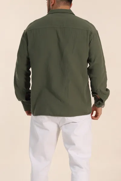 Haki Oversize Müslin Keten Uzun Kollu Erkek Gömlek 347734