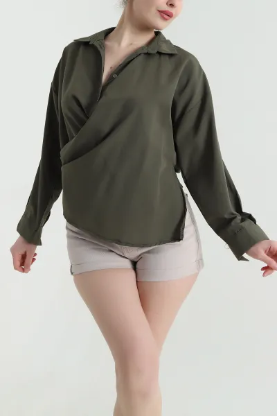 Haki Oversize Poplin Kadın Gömlek 448913