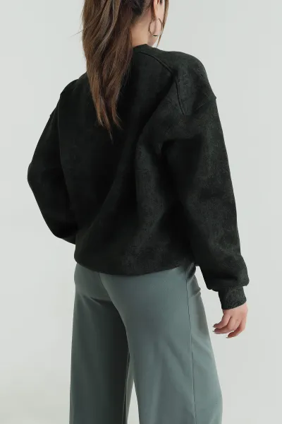 Haki Oversize Şardonlu Üç İp Kadın Sweat 486704