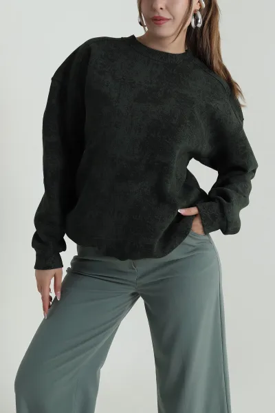 Haki Oversize Şardonlu Üç İp Kadın Sweat 486704