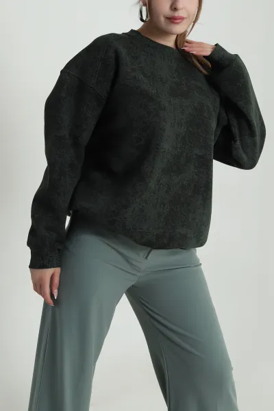 Haki Oversize Şardonlu Üç İp Kadın Sweat 486704