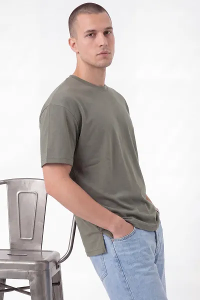 Haki Oversize Oysho Kumaş Bisiklet Yaka Erkek Tişört 453869