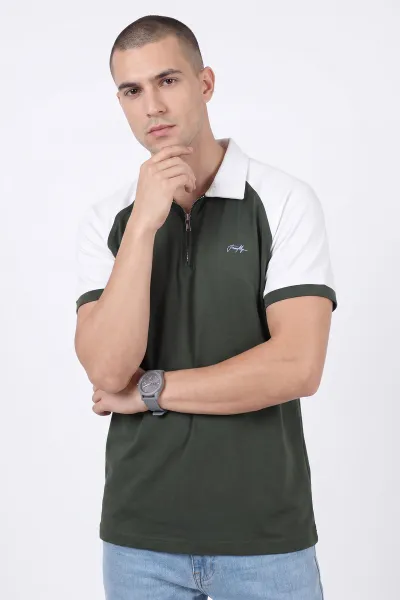 Haki Oysho Kumaş Yarım Fermuarlı Polo Yaka Erkek Tişört 471689