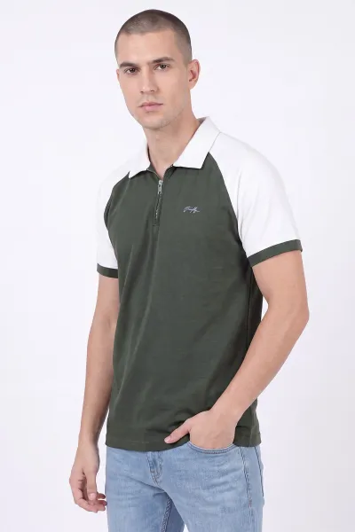 Haki Oysho Kumaş Yarım Fermuarlı Polo Yaka Erkek Tişört 471689