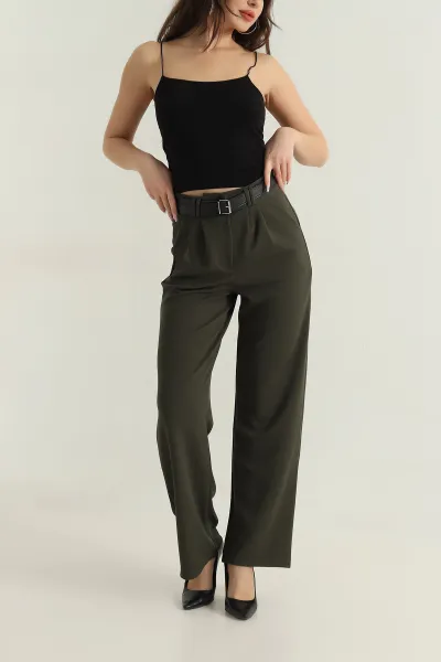 Haki Palazzo Krep Kemerli Kadın Pantolon 415540