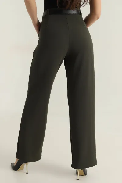 Haki Palazzo Krep Kemerli Kadın Pantolon 415540