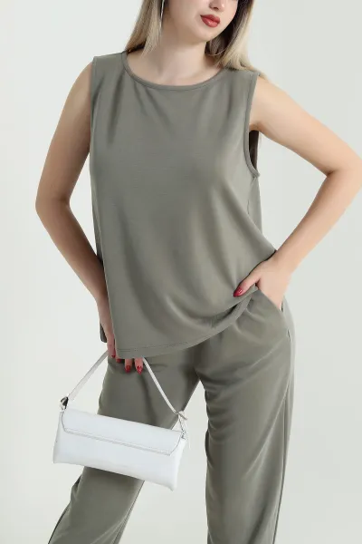 Haki Pantolon Bluz Pike Modal Kadın İkili Takım 468594