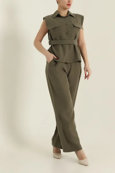 Haki Pantolon Gömlek Süet Modal Kadın İkili Takım 427422