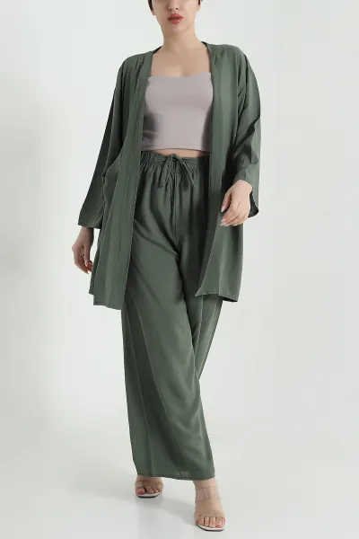 Haki Pantolon Kimono Dokuma Kadın İkili Takım 460346