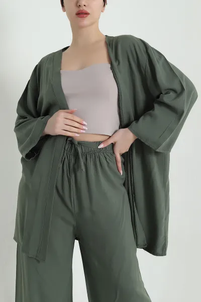 Haki Pantolon Kimono Dokuma Kadın İkili Takım 460346