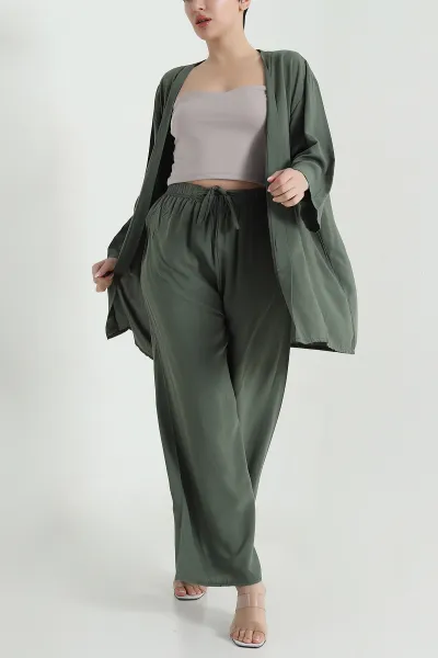 Haki Pantolon Kimono Dokuma Kadın İkili Takım 460346