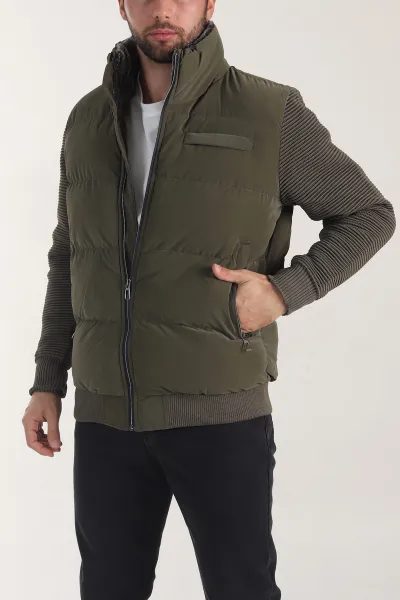 Haki Paraşüt Kumaş Kürk Detaylı Fermuarlı Cepli Erkek Mont 404990
