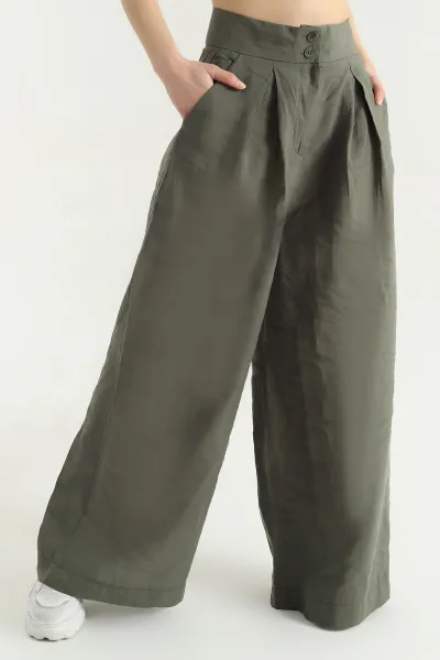 Haki Pileli Cepli Bayan Tencel Pantolon 337618