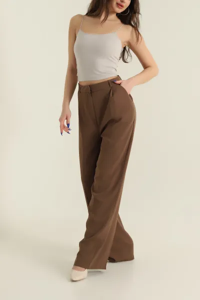 Haki Pileli Palazzo Twill Kadın Pantolon 425421