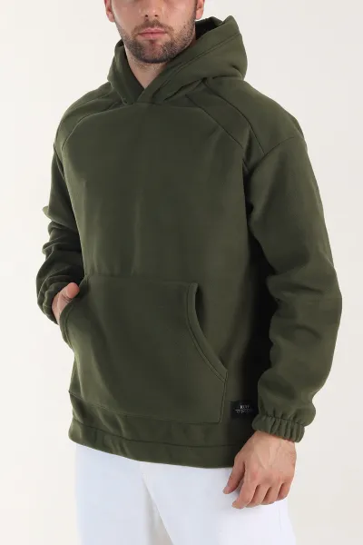 Haki Polar Kumaş Kapüşonlu Erkek Sweatshirt 408505