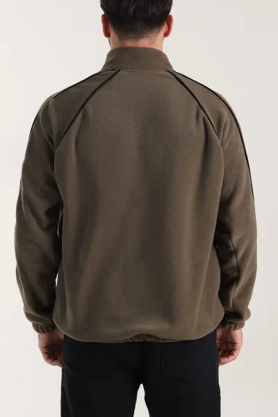Haki Polar Kumaş Yarım Fermuarlı Yazı Detaylı Erkek Sweatshirt 408551