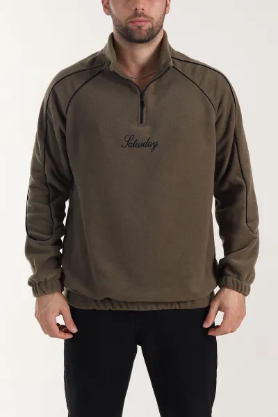 Haki Polar Kumaş Yarım Fermuarlı Yazı Detaylı Erkek Sweatshirt 408551
