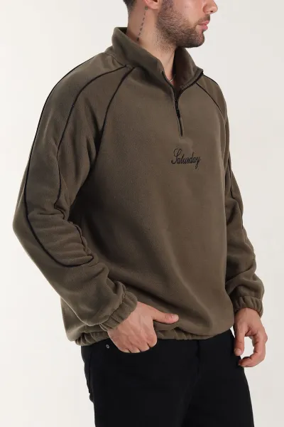 Haki Polar Kumaş Yarım Fermuarlı Yazı Detaylı Erkek Sweatshirt 408551