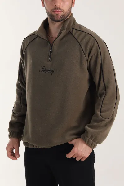 Haki Polar Kumaş Yarım Fermuarlı Yazı Detaylı Erkek Sweatshirt 408551