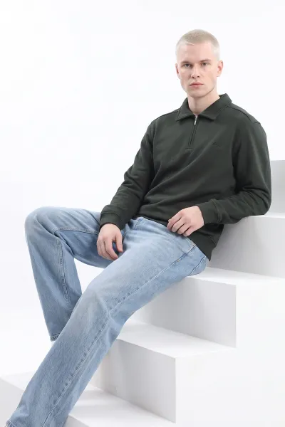 Haki Polo Yaka Yarım Fermuarlı Erkek Sweatshirt 499388