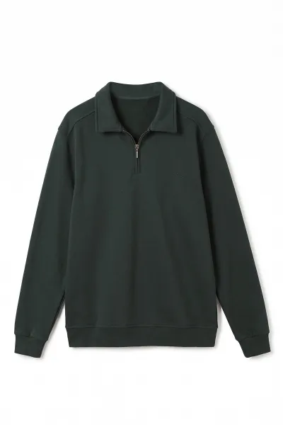 Haki Polo Yaka Yarım Fermuarlı Erkek Sweatshirt 499388