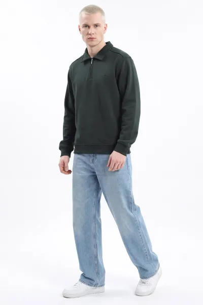 Haki Polo Yaka Yarım Fermuarlı Erkek Sweatshirt 499388