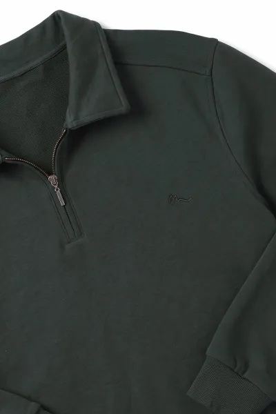 Haki Polo Yaka Yarım Fermuarlı Erkek Sweatshirt 499388