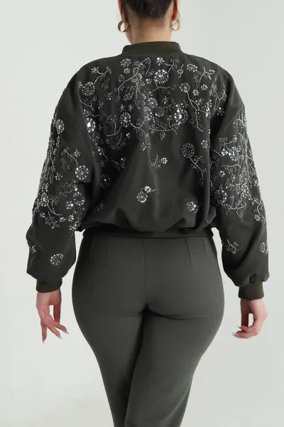 Haki Pul Nakış Detay Işık Kadife Kadın Bomber 491565