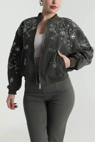 Haki Pul Nakış Detay Işık Kadife Kadın Bomber 491565