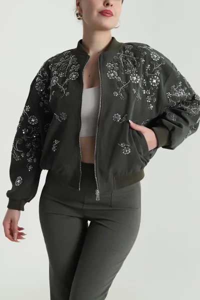 Haki Pul Nakış Detay Işık Kadife Kadın Bomber 491565