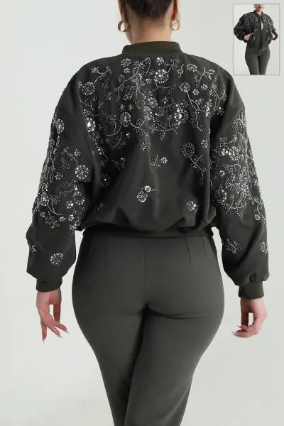 Haki Pul Nakış Detay Işık Kadife Kadın Bomber 491565
